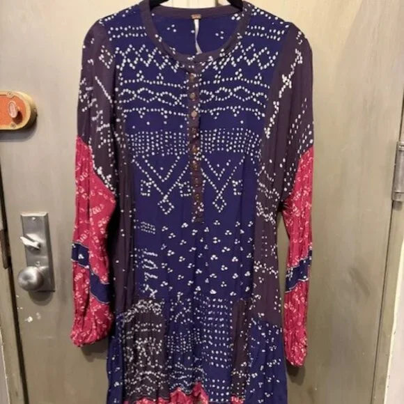 Free People Shibori Swing / Baby Doll Mini Dress with Balloon (Puff) Sleeves - Picture 6 of 16